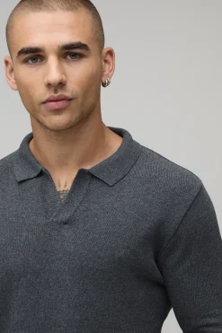 boohooMAN Polo Tricoté À Manches Longues En Mélange De Coton Avec Col Revers Coupe Regular<Homme Polos|Maille