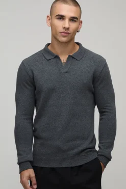 boohooMAN Polo Tricoté À Manches Longues En Mélange De Coton Avec Col Revers Coupe Regular<Homme Polos|Maille