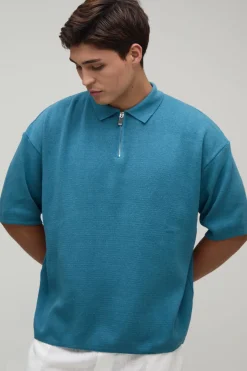Polo Tricoté Oversize Ample En Mélange De Coton Avec Zip 1/4