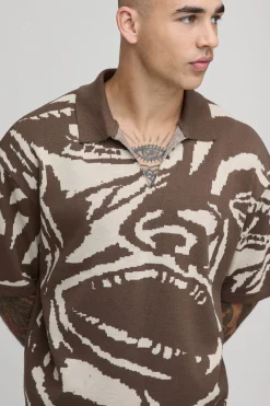 Polo Tricoté Oversize Ample À Motif Jacquard Visage Abstrait