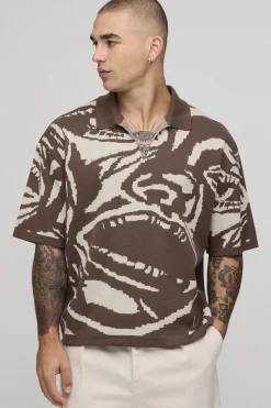 Polo Tricoté Oversize Ample À Motif Jacquard Visage Abstrait