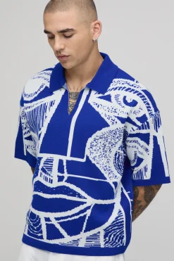 Polo Tricoté Oversize Ample À Motif Jacquard Visage Abstrait