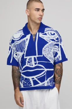 Polo Tricoté Oversize Ample À Motif Jacquard Visage Abstrait