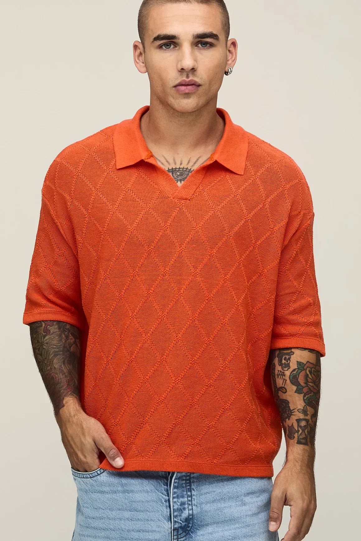 Polo Tricoté Oversize Coupe Boxy À Motif Losanges