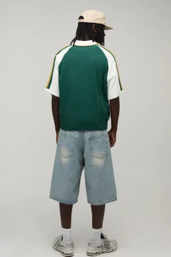 Polo Tricoté Raglan Côtelé À Broderie Universitaire Coupe Ample
