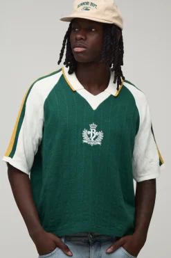 Polo Tricoté Raglan Côtelé À Broderie Universitaire Coupe Ample