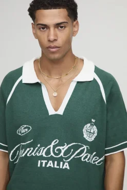 Polo tricoté raglan varsity, col en V et coupe boxy
