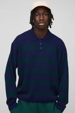 boohooMAN Polo Tricoté Rayé Surdimensionné<Homme Polos|Maille