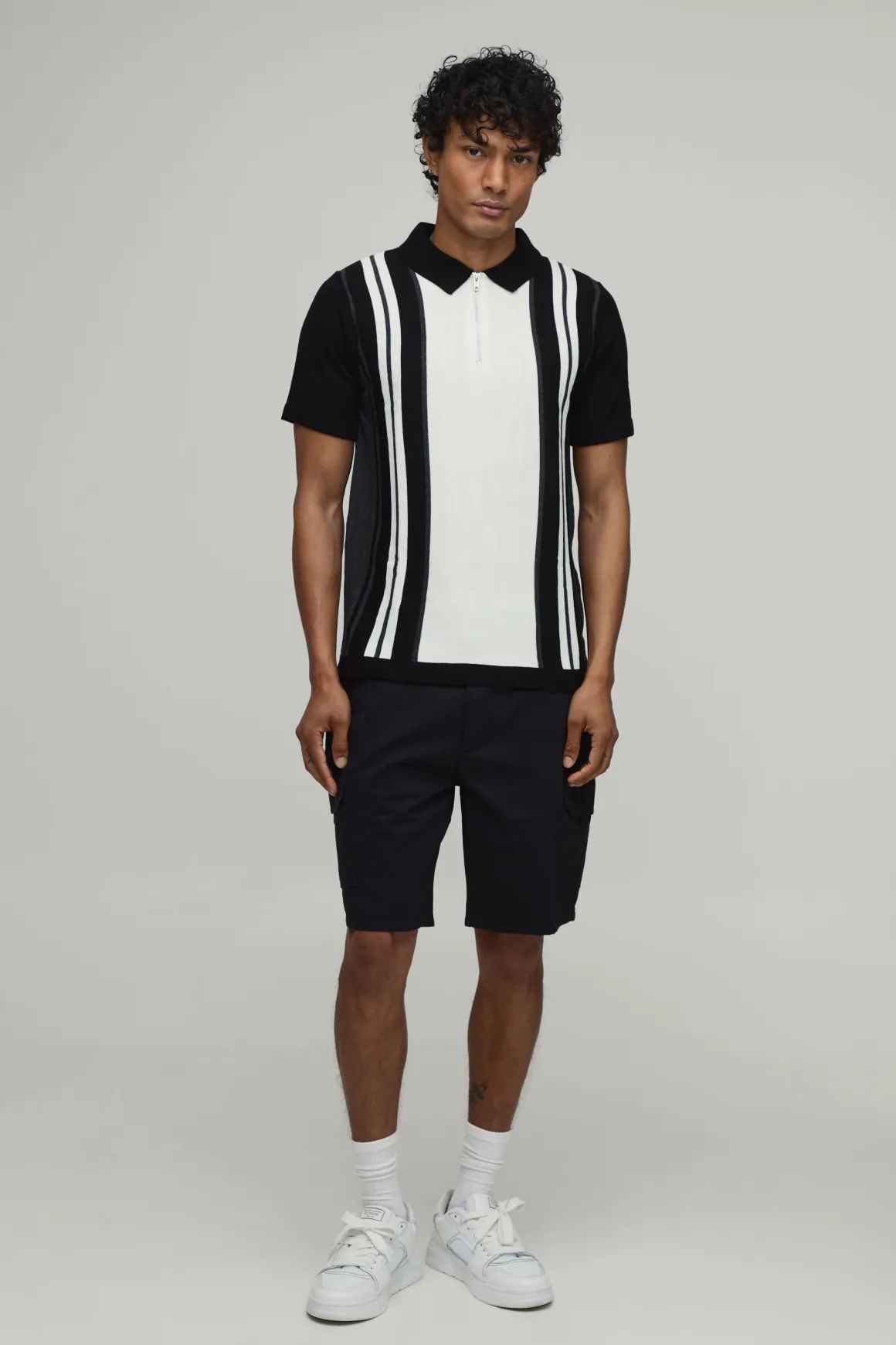 Polo Tricoté À Rayures Coupe Regular Avec Fermeture Éclair 1/4