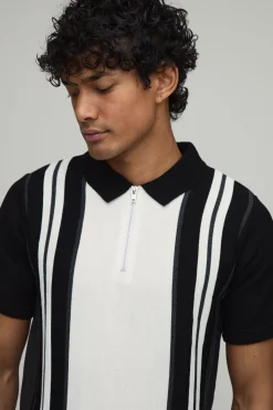 Polo Tricoté À Rayures Coupe Regular Avec Fermeture Éclair 1/4