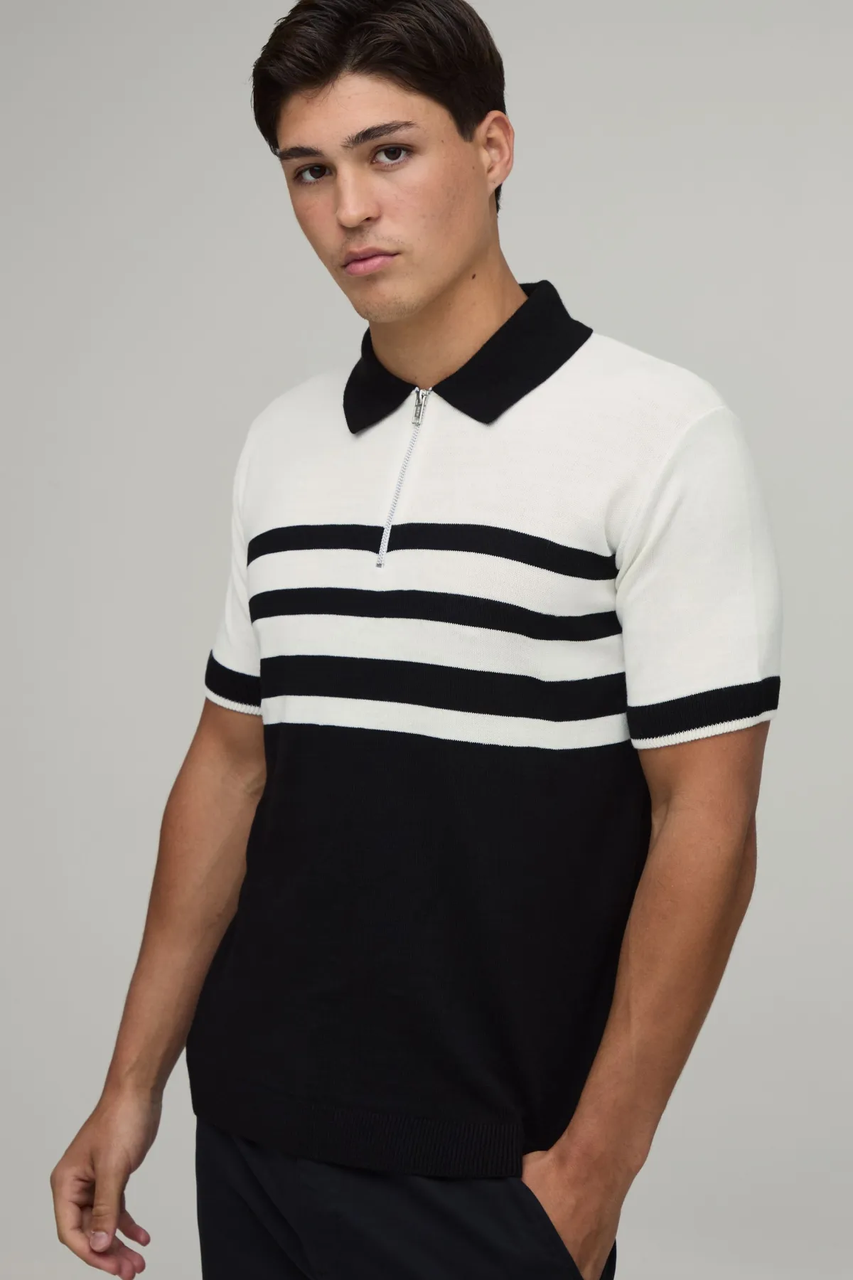 boohooMAN Polo Tricoté À Rayures Coupe Regular Avec Zip 1/4<Homme Polos|Maille