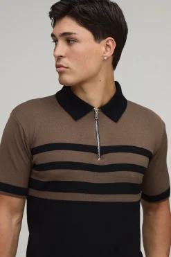 boohooMAN Polo Tricoté À Rayures Coupe Regular Avec Zip 1/4<Homme Polos|Maille