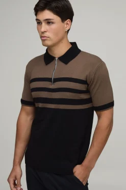 boohooMAN Polo Tricoté À Rayures Coupe Regular Avec Zip 1/4<Homme Polos|Maille