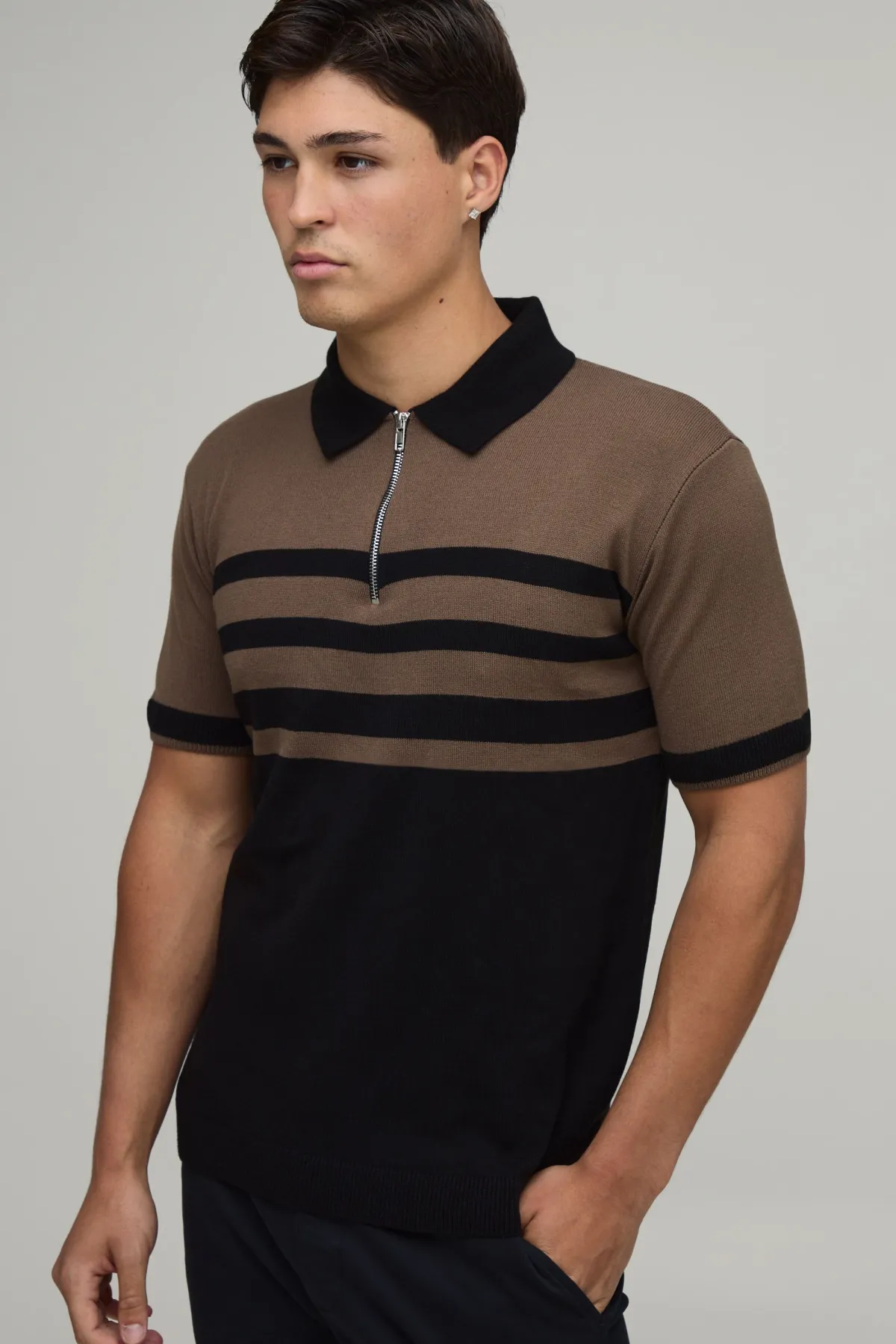 boohooMAN Polo Tricoté À Rayures Coupe Regular Avec Zip 1/4<Homme Polos|Maille