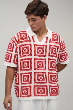 Polo Tricoté Surdimensionné Ample À Motif Tapisserie Au Crochet