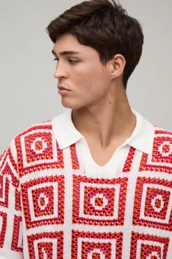 Polo Tricoté Surdimensionné Ample À Motif Tapisserie Au Crochet
