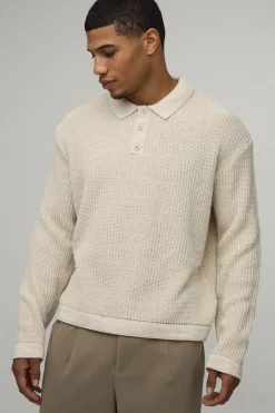 boohooMAN Polo Tricoté Surdimensionné Boxy en Maille Côtelée de Pêcheur Chinée<Homme Polos|Maille