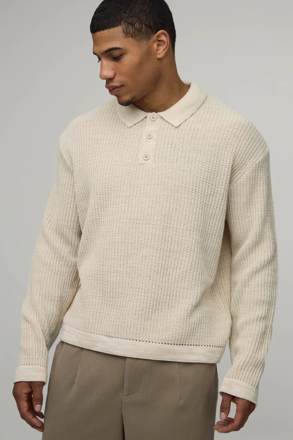 boohooMAN Polo Tricoté Surdimensionné Boxy en Maille Côtelée de Pêcheur Chinée<Homme Polos|Maille