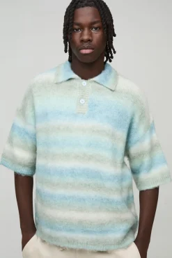 Polo tricoté surdimensionné à rayures brossées à manches courtes