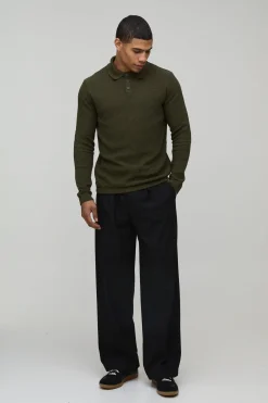 Polo Tricoté Texturé à Manches Longues Coupe Regular