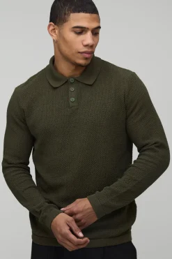 Polo Tricoté Texturé à Manches Longues Coupe Regular