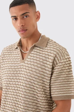 Polo tricoté texturé à rayures, ample et à coupe boxy