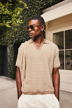 Polo tricoté texturé à rayures, ample et à coupe boxy