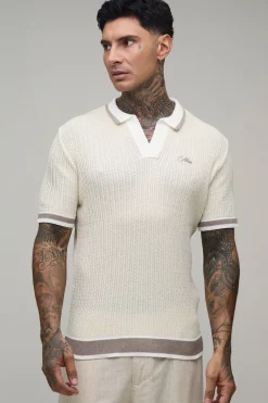 Polo Tricoté À Torsades Brodé Coupe Ample Pour Homme Grand
