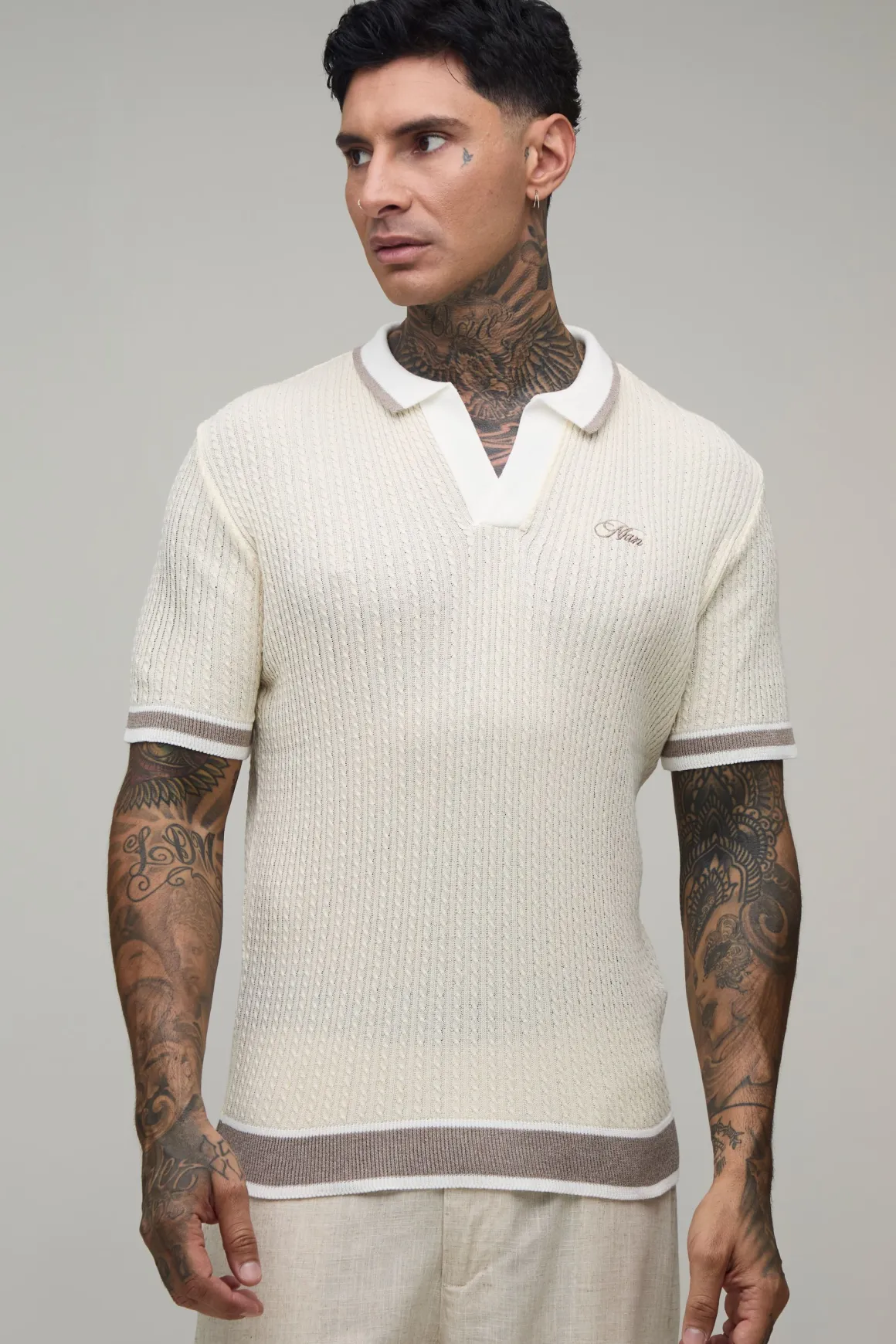 Polo Tricoté À Torsades Brodé Coupe Ample Pour Homme Grand