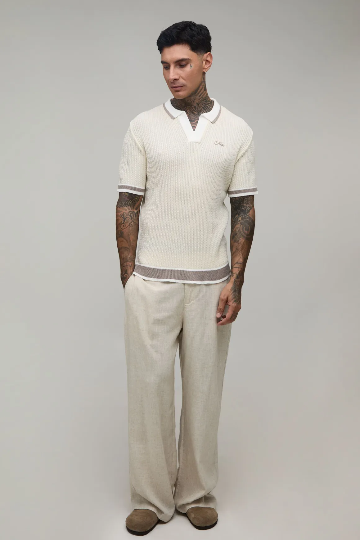 Polo Tricoté À Torsades Brodé Coupe Ample Pour Homme Grand