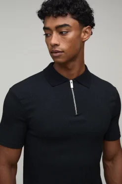 boohooMAN Polo Zippé Ajusté Texturé Froissé Effet Muscle<Homme Polos