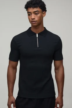 boohooMAN Polo Zippé Ajusté Texturé Froissé Effet Muscle<Homme Polos