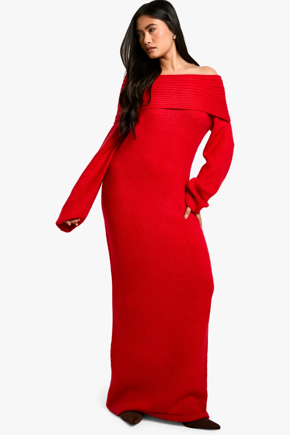 boohoo Premium Oversized Rib Bardot Neckline Soft Knit Jumper Dress<Femme Robes À Manches Longues|Robes