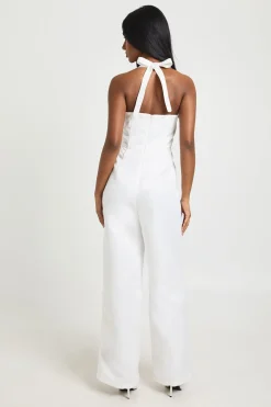 Premium Satin Boned Corset Halterneck Wide Leg Jumpsuit