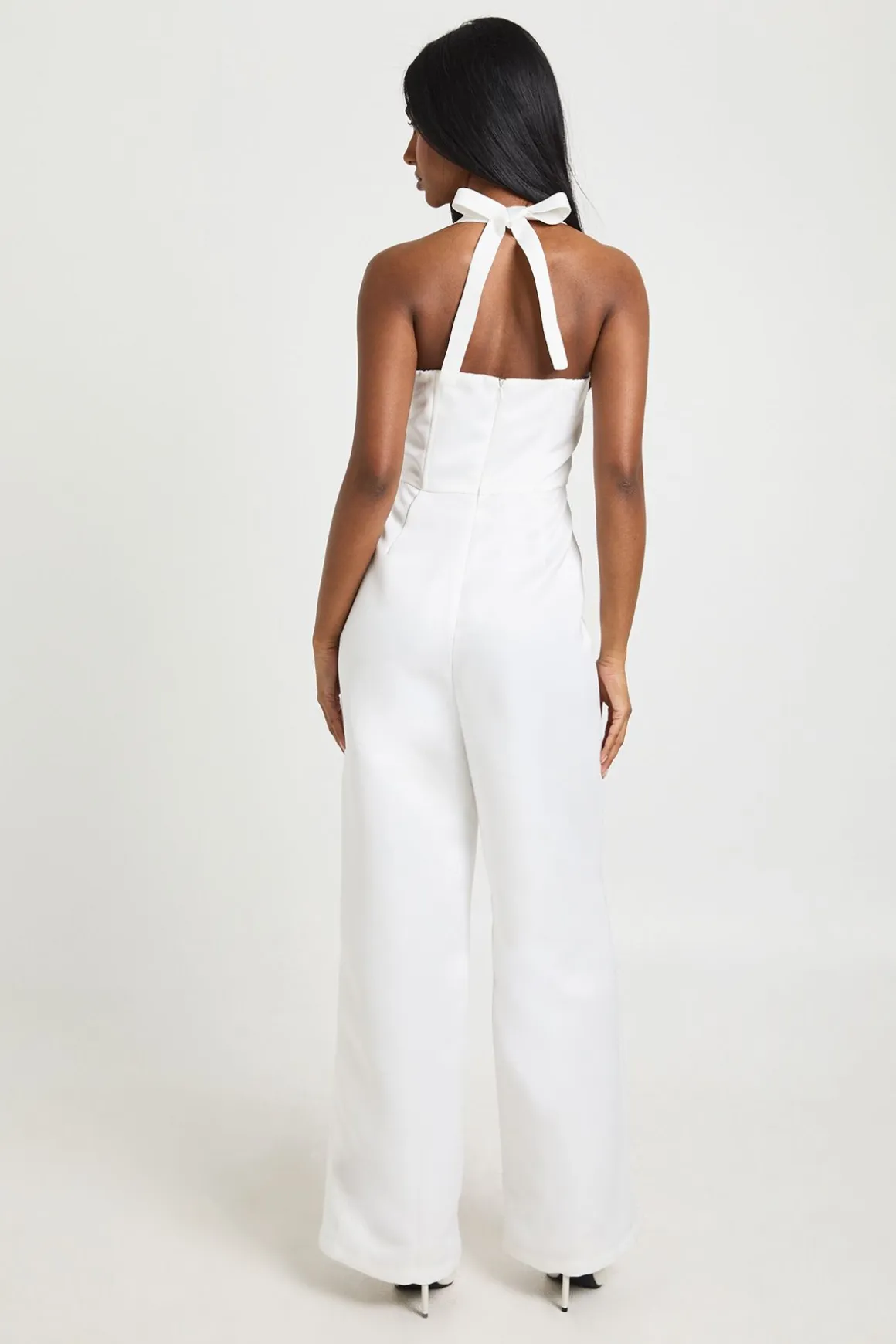 Premium Satin Boned Corset Halterneck Wide Leg Jumpsuit