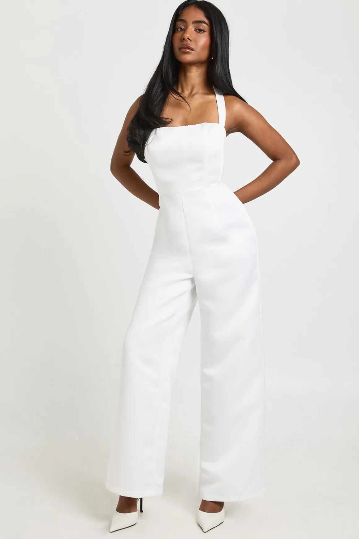 Premium Satin Boned Corset Halterneck Wide Leg Jumpsuit