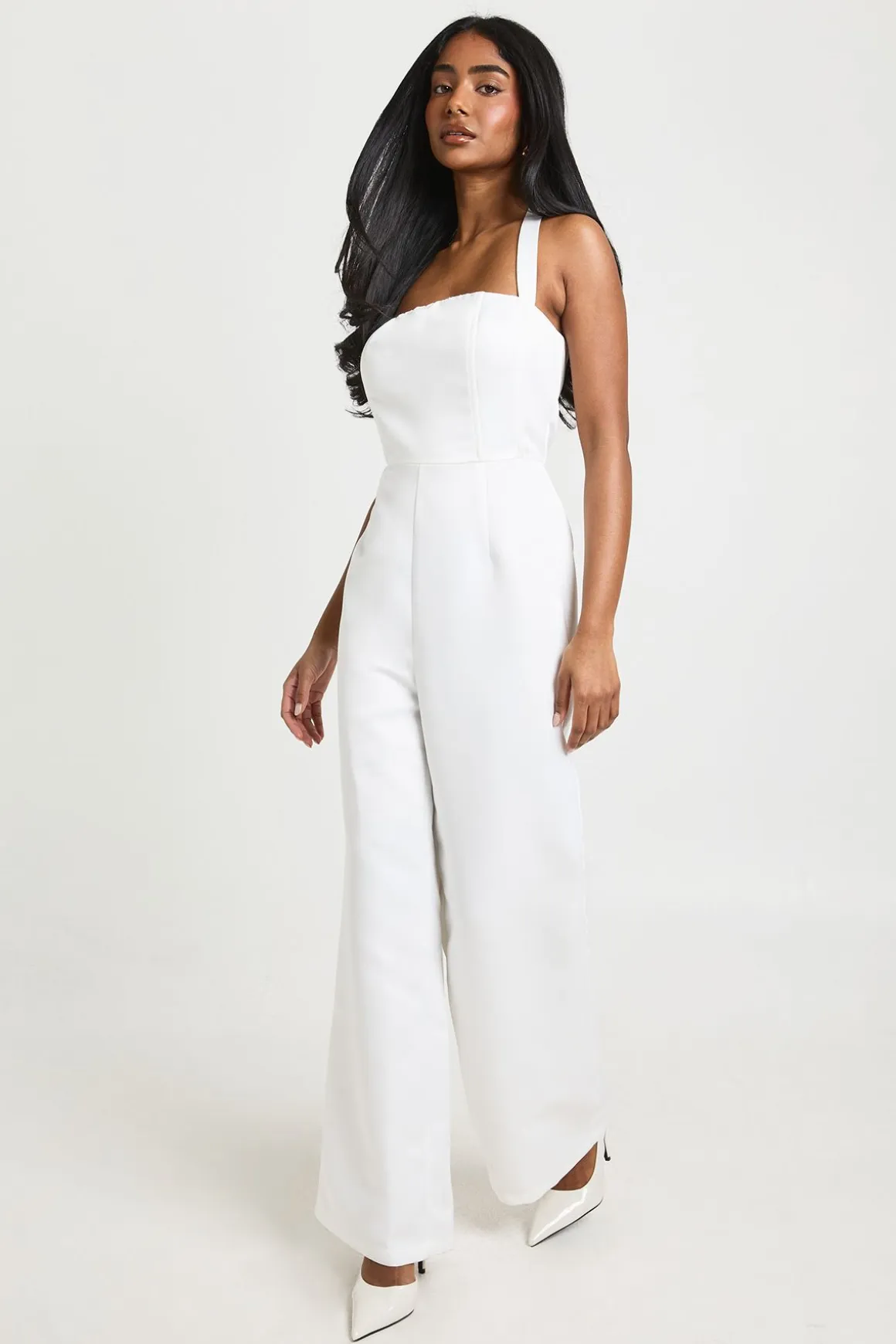 Premium Satin Boned Corset Halterneck Wide Leg Jumpsuit