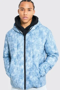 boohooMAN Puffer tie-dye grand format à panneaux carrés et capuche<Homme Tout Afficher|Vestes & Manteaux Tall