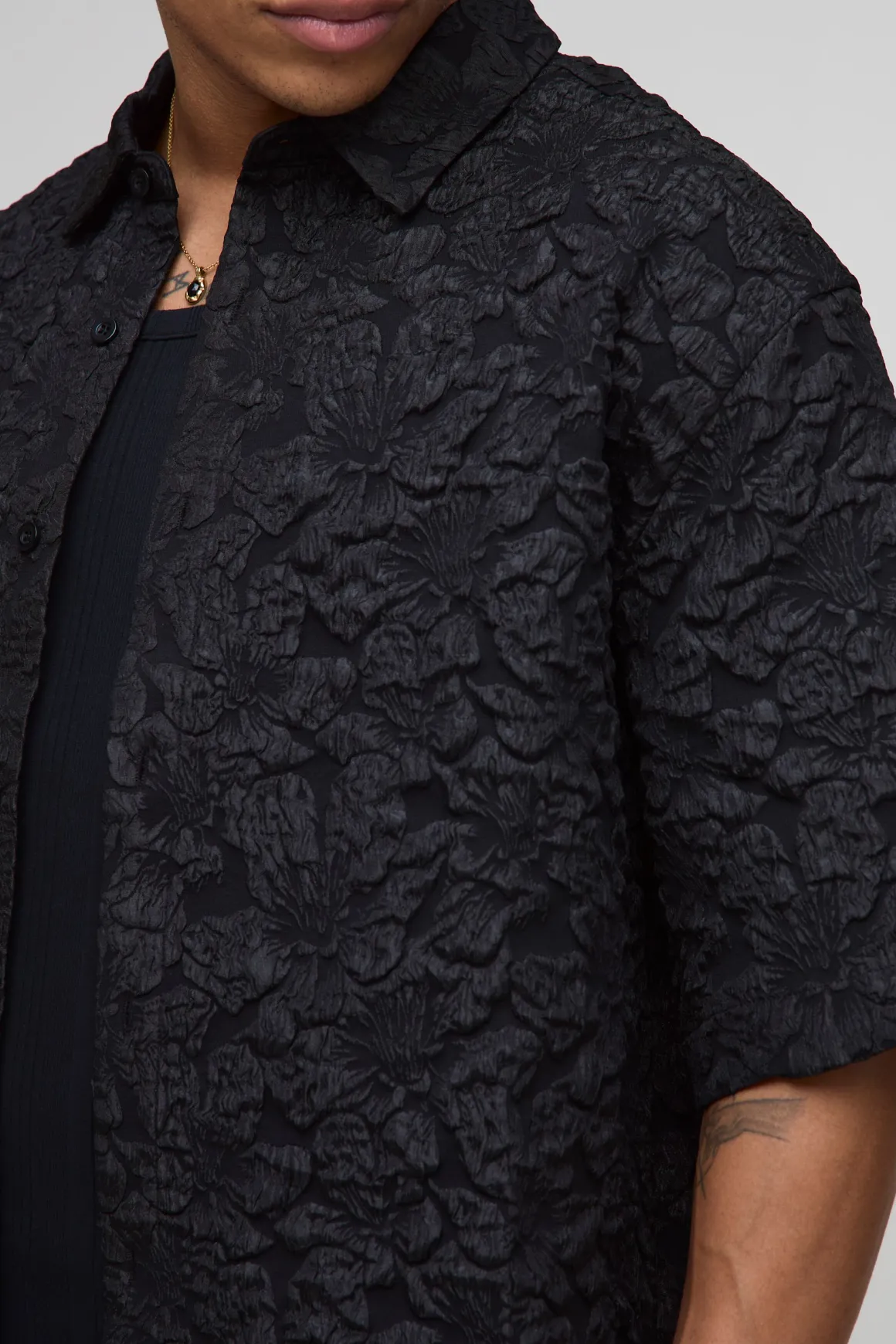 Puff Textured Floral Half Sleeve Boxy Shirt