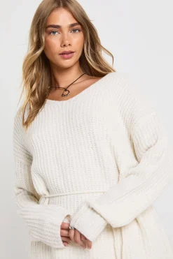 boohoo Pull ample à col en V avec détail ceinture nouée<Femme Pulls Et Gilets|Toutes Les Mailles