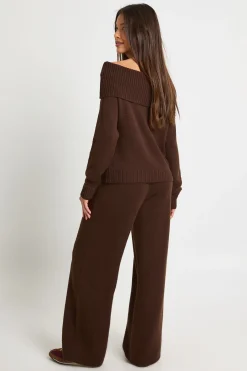 boohoo Pull Bardot en maille oversized et pantalon à jambe droite assortis<Femme Pulls Et Gilets|Toutes Les Mailles