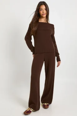 boohoo Pull Bardot en maille oversized et pantalon à jambe droite assortis<Femme Pulls Et Gilets|Toutes Les Mailles