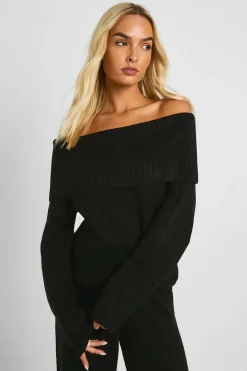 boohoo Pull Bardot en maille épaisse et pantalon à jambes droites coordonné<Femme Pulls Et Gilets|Toutes Les Mailles