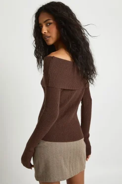 boohoo Pull Bardot Extrême en maille côtelée<Femme Looks Chocolat|Pulls Et Gilets