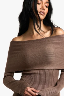 Pull Bardot tricoté à côtes premium