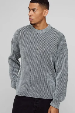 Pull boxy à col rond, épaules tombantes, en tricot côtelé plaqué