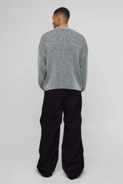 Pull boxy à col rond, épaules tombantes, en tricot côtelé plaqué
