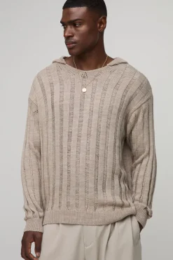 boohooMAN Pull à capuche tricoté surdimensionné à points ladder<Homme Maille|Mailles
