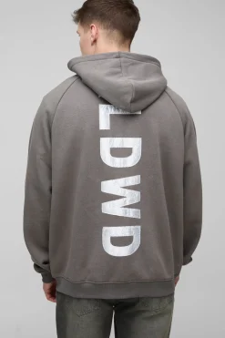 boohooMAN Pull à capuche zippé WRLDWD oversize pour personnes grandes, raglan, avec appliqués en satin<Homme Tout Afficher|Sweats À Capuche Tall