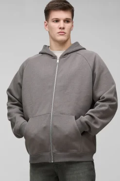 boohooMAN Pull à capuche zippé WRLDWD oversize pour personnes grandes, raglan, avec appliqués en satin<Homme Tout Afficher|Sweats À Capuche Tall